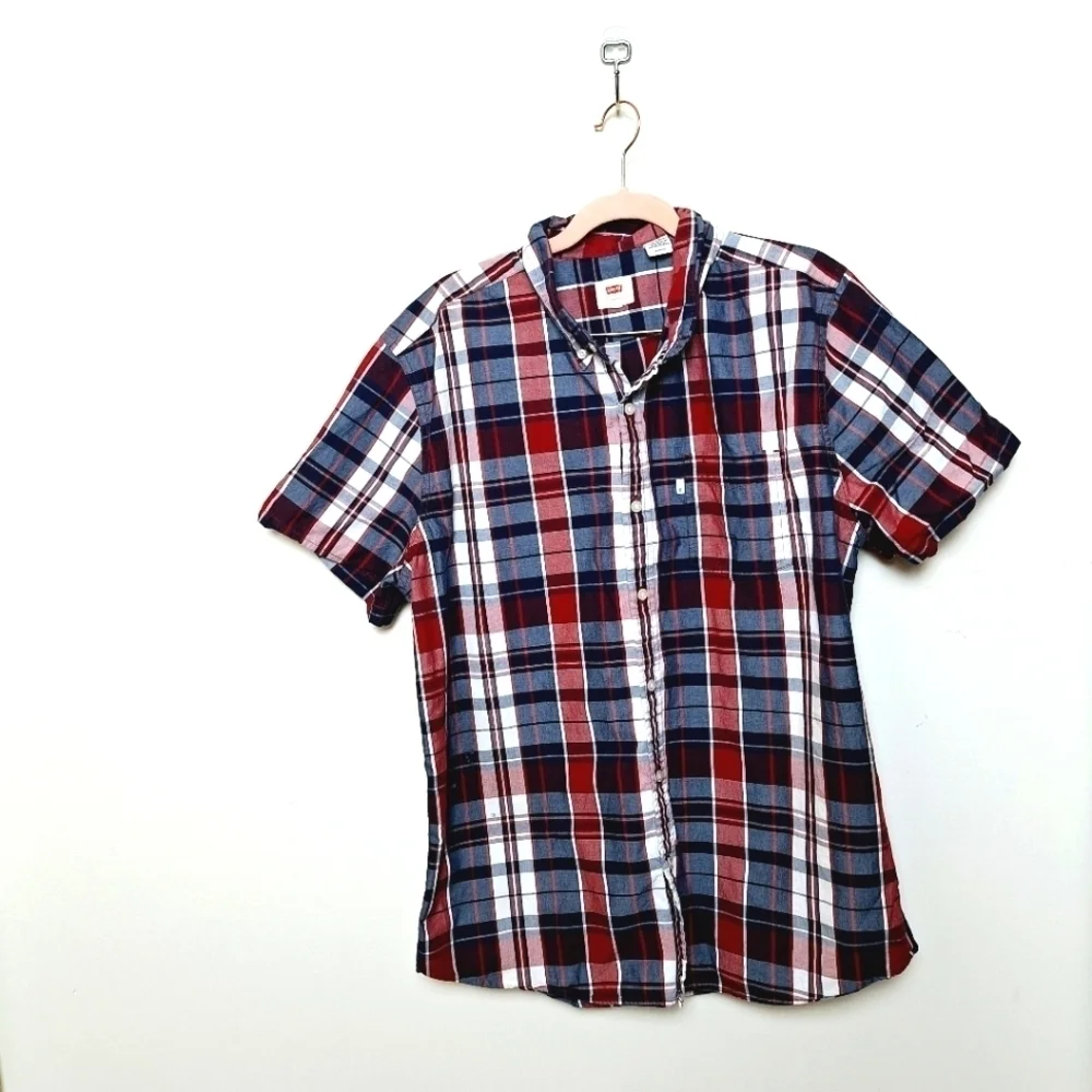 Levi's Red White and Blue Cotton Short Sleeve Plaid Button Up Shirt Size XL